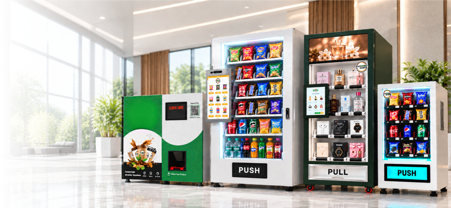 Clover Carte smart vending machines in a modern retail showroom